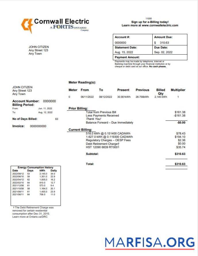 Downloadable USA Cornwall Electric utility bill template in Word and PDF format